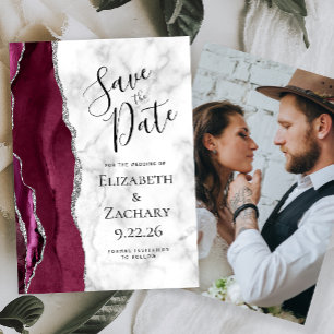 Photo Agate Burgundy Silver Marble Save the Date Invitation