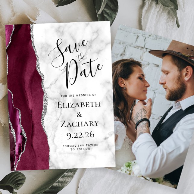 Photo Agate Burgundy Silver Marble Save the Date Invitation (Creator Uploaded)