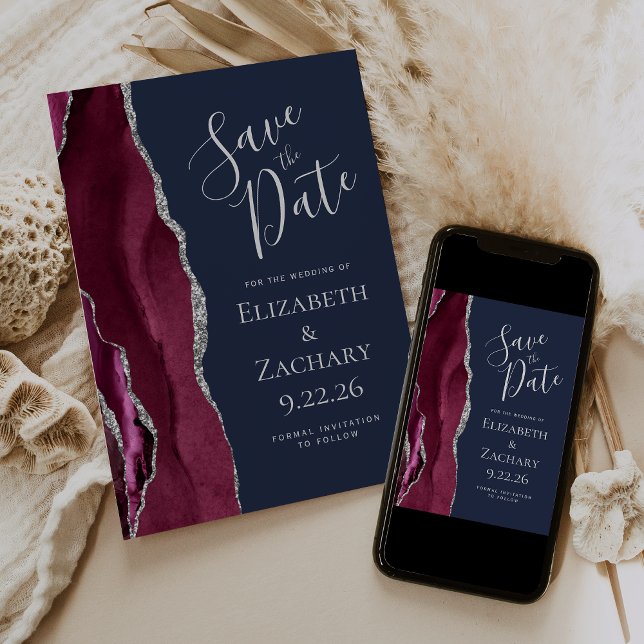 Photo Agate Burgundy Silver Navy Save the Date Invitation (Creator Uploaded)