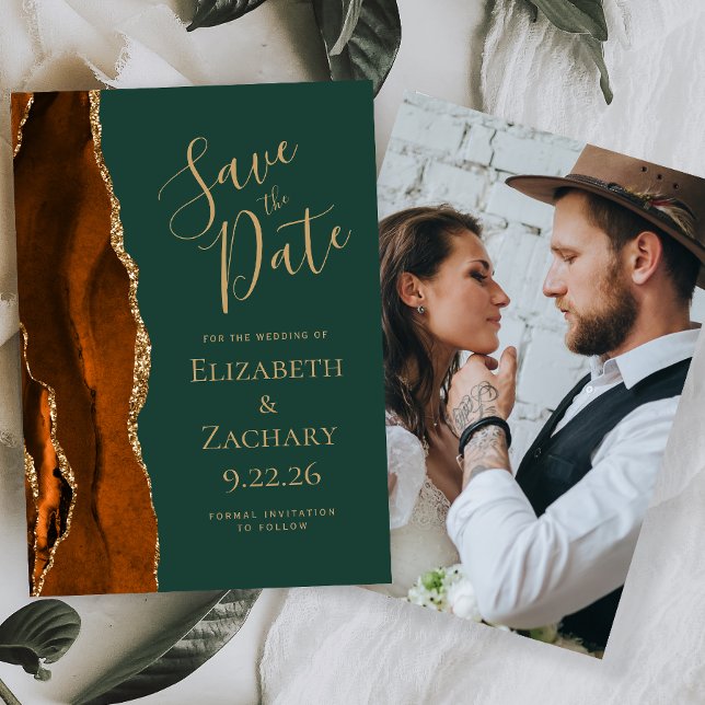 Photo Agate Burnt Orange Dark Green Save the Date Invitation (Creator Uploaded)