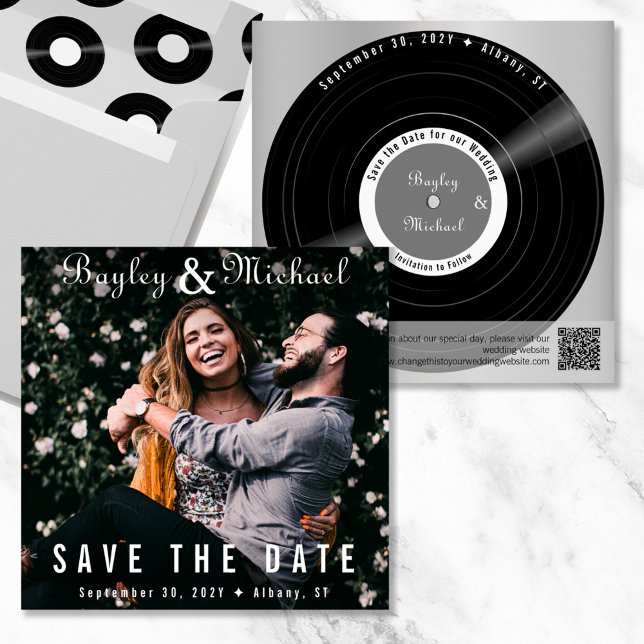 Photo Album Cover with Vinyl Record Save the Date (Vinyl record album cover and record save the date in gray)