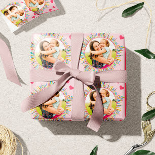 Photo and Colourful Abstract Art Pink Heart Wrapping Paper