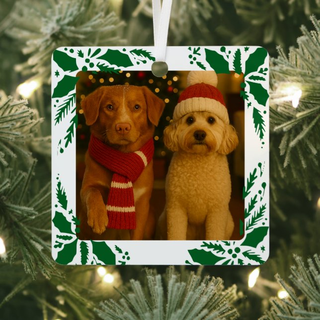 Photo and Custom Text Personalized Holly Metal Tree Decoration (Insitu)