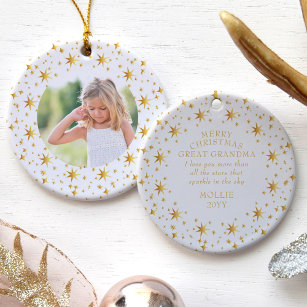 Photo and Cute Christmas Message Gold Stars Ceramic Tree Decoration