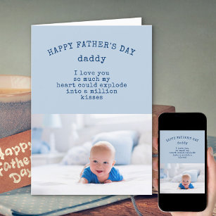 Photo and Cute Wording Blue Happy Fathers Day Card