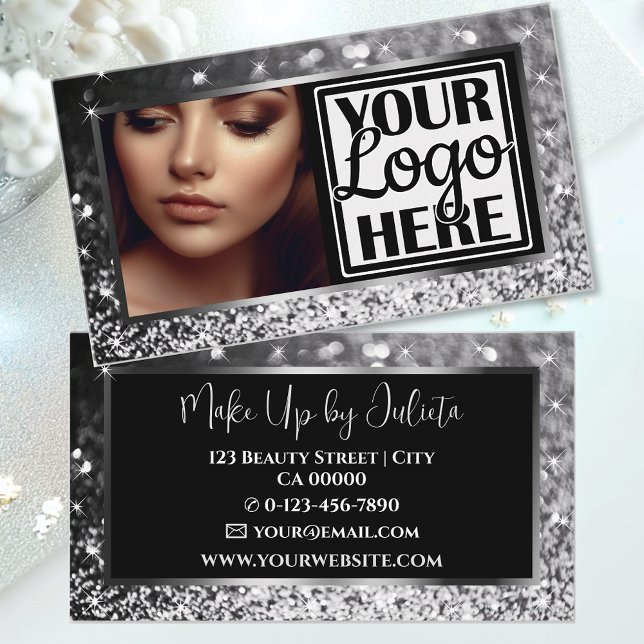 Photo and Logo Template Grey Sparkle Glitter Glam Business Card (Creator Uploaded)