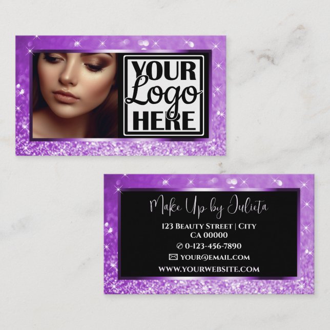 Photo and Logo Template Lilac Sparkle Glitter Glam Business Card (Front/Back)
