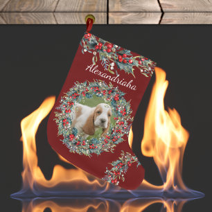 Photo and Name Christmas Wreath Custom Large Christmas Stocking