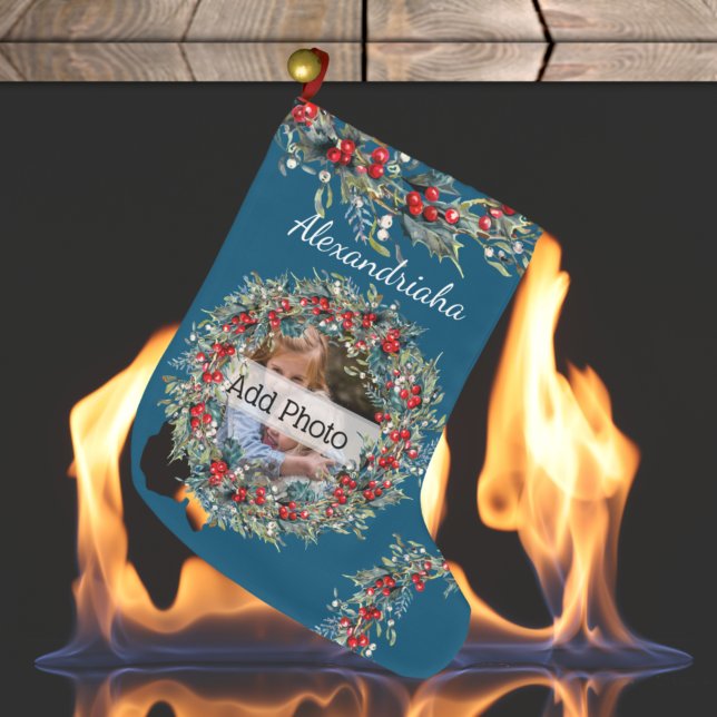 Photo and Name Christmas Wreath Custom Large Christmas Stocking (Creator Uploaded)