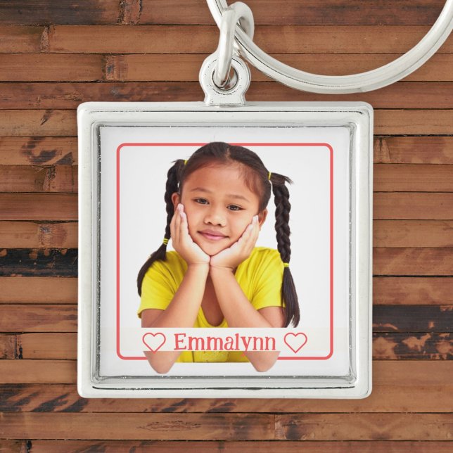 Photo and name on white with red frame key ring (Creator Uploaded)