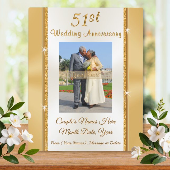 Photo and Personalised 51st Anniversary Gift Plaque (51st wedding anniversary gift for parents. Traditional gold photo, 51st wedding anniversary present.)