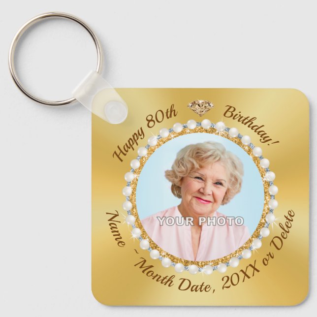 PHOTO and Personalised 80th Birthday Party Favours Key Ring (Front)
