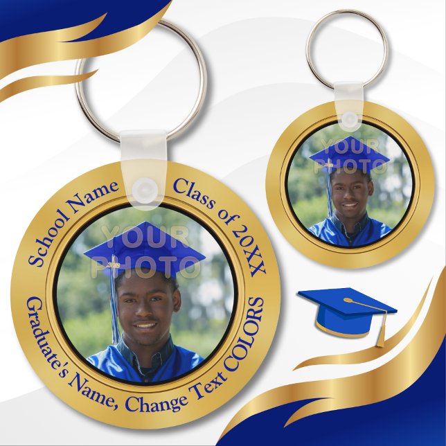 Photo and Personalised Graduation Party Favours Key Ring (Cheap graduation party favors personalized. Blue and Gold graduation party supplies. Grad Souvenirs.)