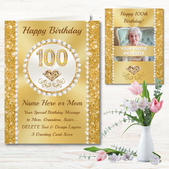 Photo and Personalised, Happy 100th Birthday Card (100th birthday card for mum. 100th birthday cards female. 100th birthday card ideas. Grandmother.   )