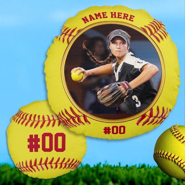 Photo and Personalised, Senior Softball Gift Ideas Round Cushion (Gifts for senior night softball. Softball pillow, with your Photo, Name, Number. Softball pillows.)