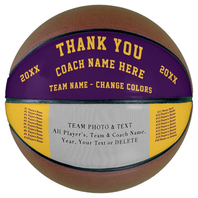 PHOTO and PERSONALIZED BASKETBALL, Purple and Gold Basketball (Front)