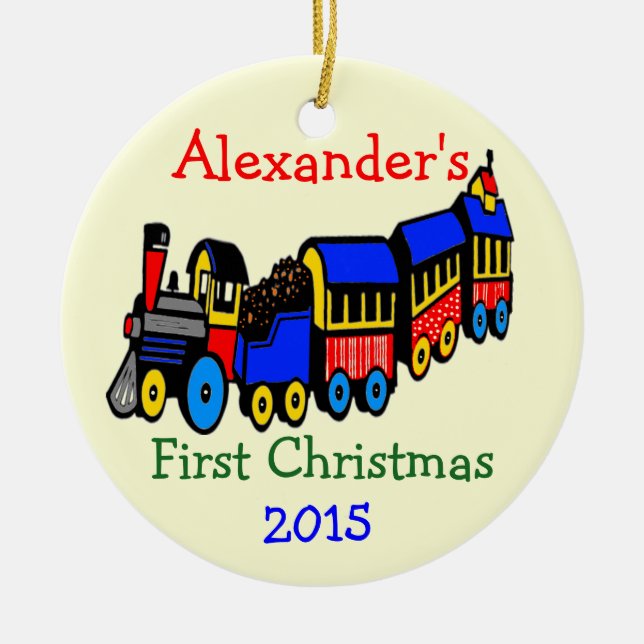 Photo and Toy Train First Christmas Personalise It Ceramic Tree Decoration (Front)