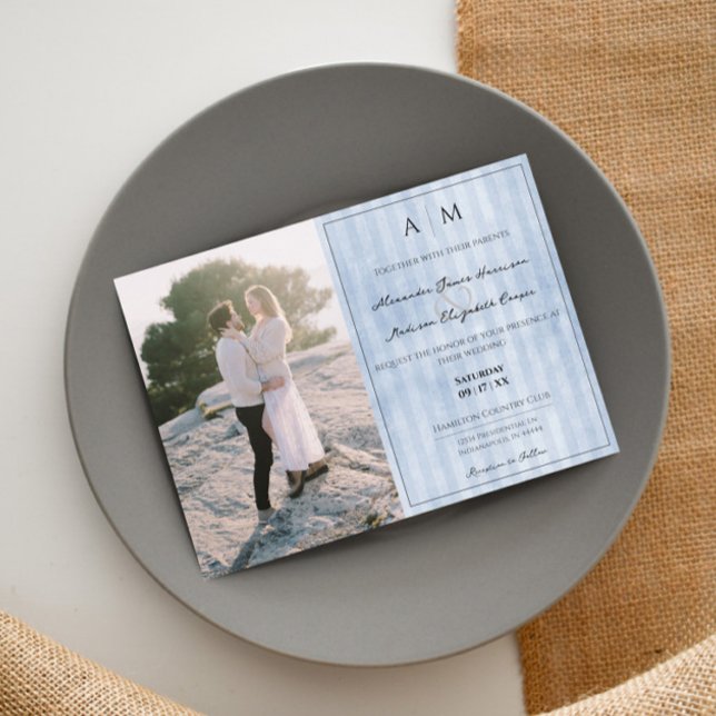 Photo and Vintage Stripes | Blue Wedding Invitation (Blue Photo and Vintage Stripes Wedding Invitation)