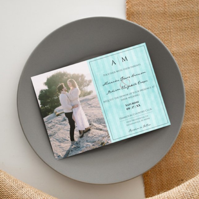 Photo and Vintage Stripes | Teal Wedding Invitation (Teal Photo and Vintage Stripes Wedding Invitation)