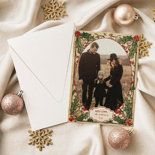 Photo Antique Holly Berry Christmas Holiday Card