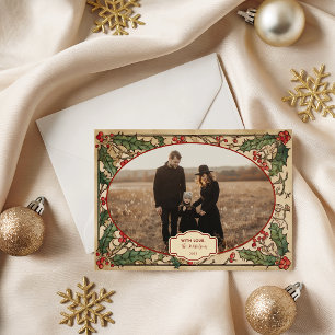 Photo Antique Holly Berry Christmas Holiday Card
