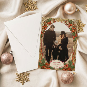 Photo Antique Holly Berry Christmas Holiday Card