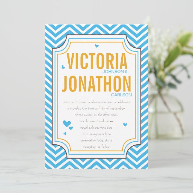 Photo Aqua Yellow Zig Zag Typography Wedding Invitation (Standing Front)