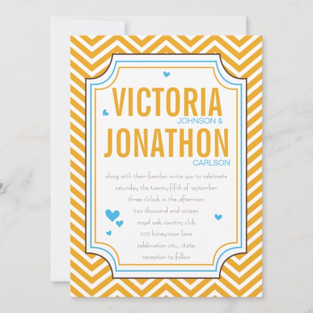 Photo Aqua Yellow Zig Zag Typography Wedding Invitation (Front)