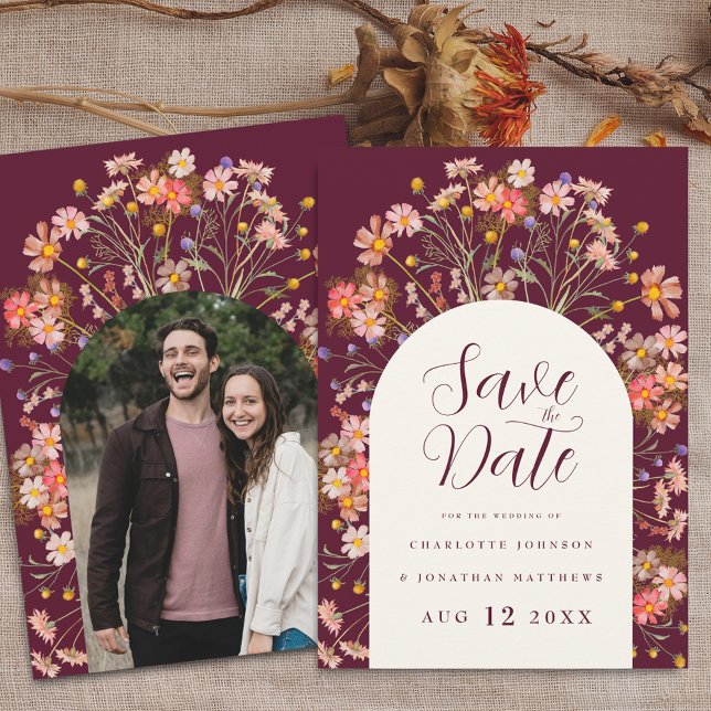 Photo Arch Boho Fall Rustic Wildflower Wedding Save The Date (Photo arch boho fall rustic wildflower floral arch burgundy ivory cream wedding save the date invite)