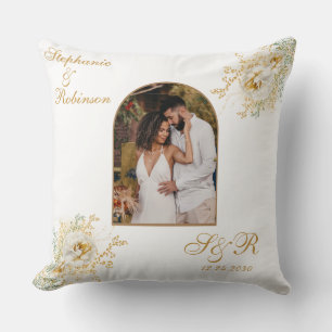 Photo Arch Elegant Gold Floral Monogram Wedding  Cushion