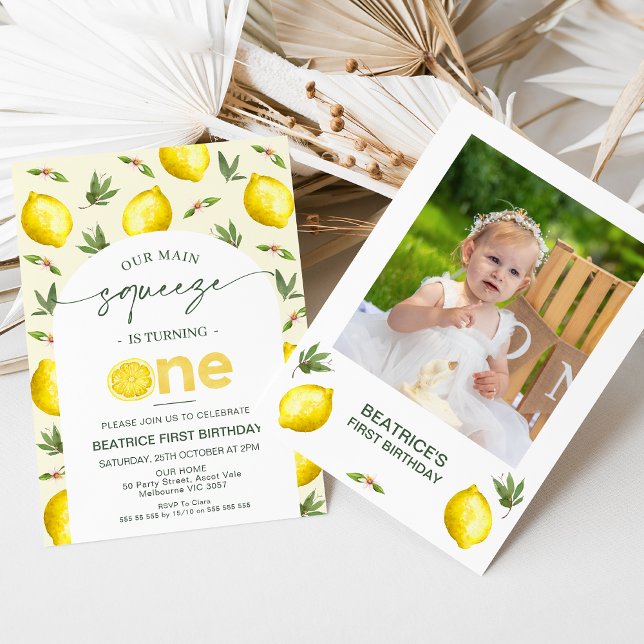 Photo Arch Lemon Our Main Squeeze 1st Birthday Invitation (Girls Our Main Squeeze 1st Birthday Invitation Template, Modern Lemon Themed 1st Birthday Invitation)