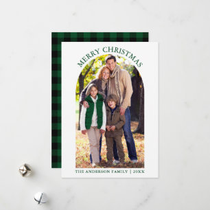Photo Arch Merry Christmas Green Plaid Holiday Card