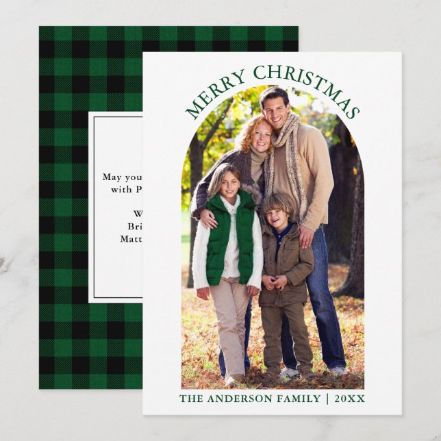 Photo Arch Merry Christmas Green Plaid Holiday Card (Front/Back)