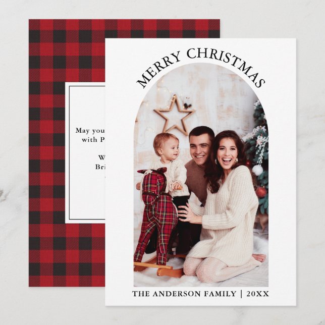 Photo Arch Merry Christmas Red Plaid Holiday Card (Front/Back)