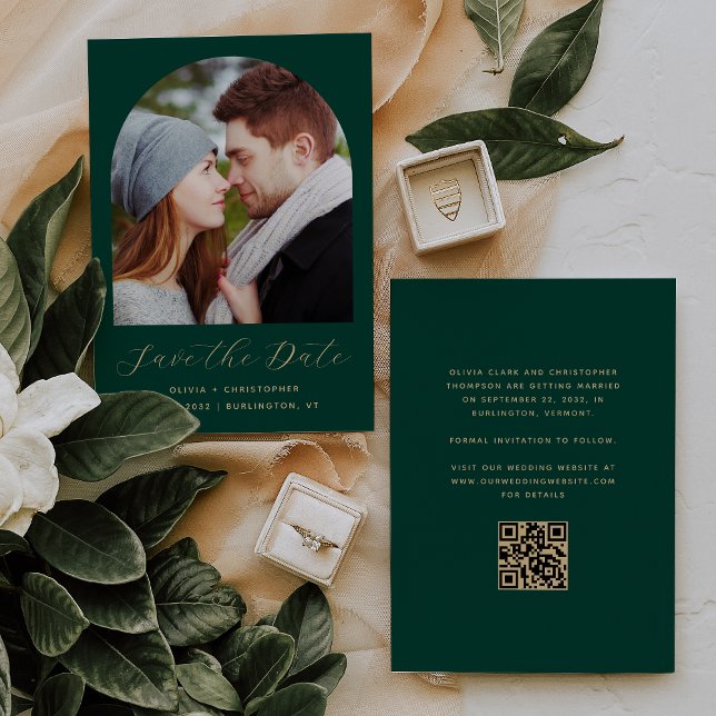Photo Arch QR Code Emerald Green Gold Script Save The Date (Creator Uploaded)