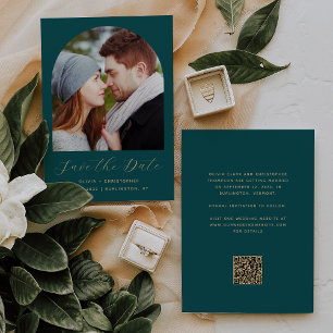 Photo Arch QR Code Teal Blue Gold Script Save The Date