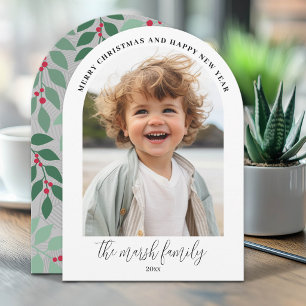 Photo Arch - Script Family Name - botanical back Holiday Card