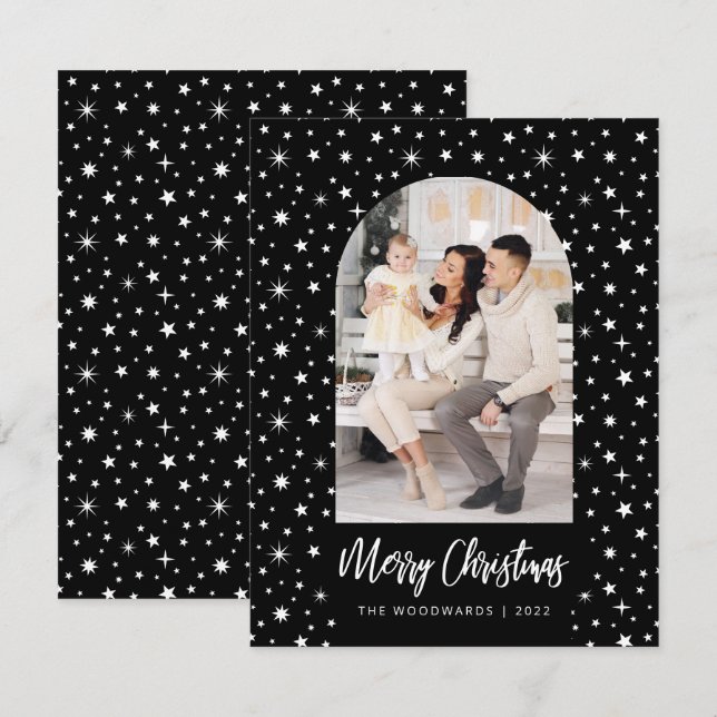 Photo Arch Stars Merry Christmas Black and White Holiday Card (Front/Back)