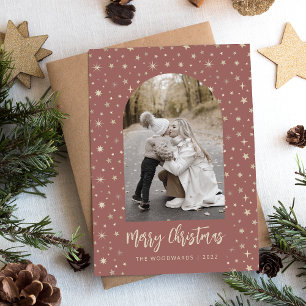 Photo Arch Stars Merry Christmas Terracotta Gold Holiday Card