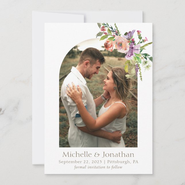 Photo Arch Trendy Sage Green Boho Flowers Wedding Save The Date (Front)