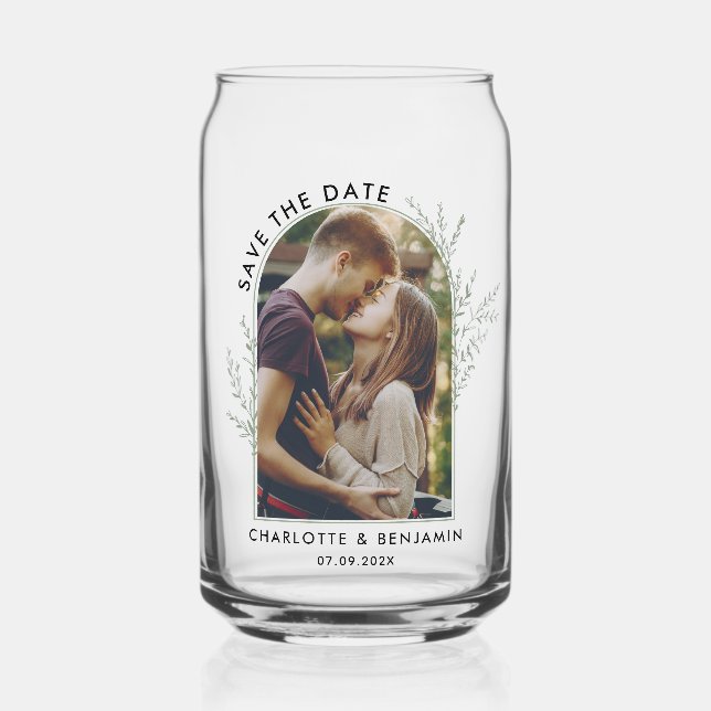 Photo Arch Wedding Keepsake Save the Date Can Glass (Front)