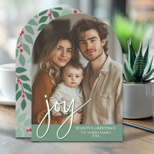 Photo Arch with Huge Joy Script - botanical back Holiday Card