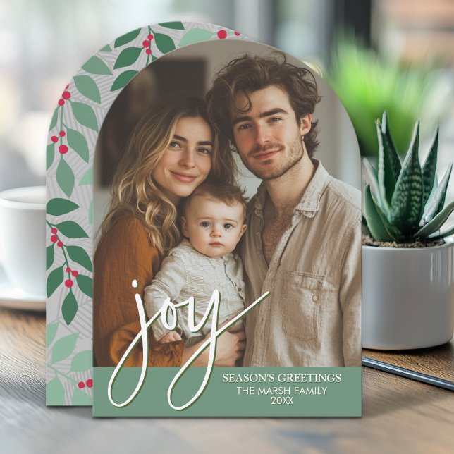 Photo Arch with Huge Joy Script - botanical back Holiday Card (Modern, Minimal Arch Christmas Greeting Card)