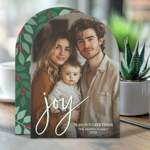 Photo Arch with Huge Joy Script - botanical back Holiday Card