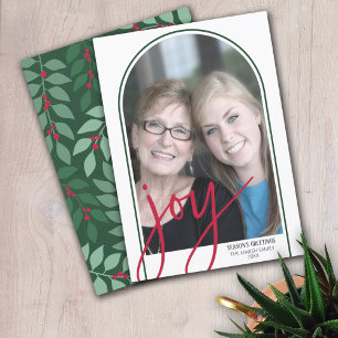 Photo Arch with Huge Joy Script - botanical back Holiday Card