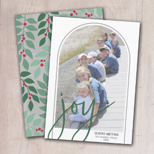 Photo Arch with Huge Joy Script - botanical back Holiday Card