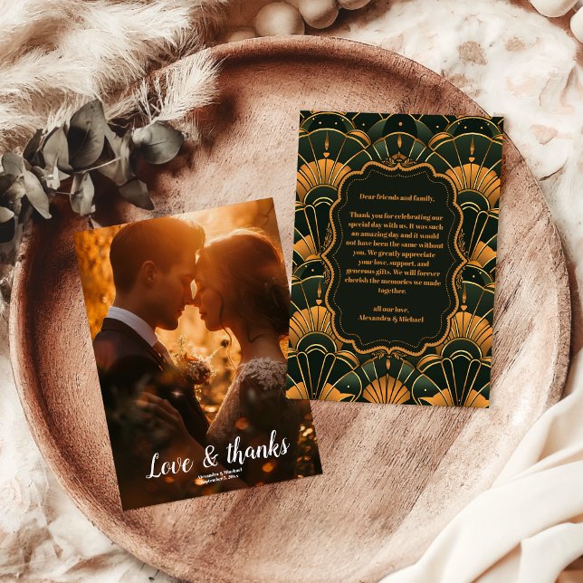 Photo Art Deco Wedding Diamond Gold and Green  Thank You Card (Creator Uploaded)