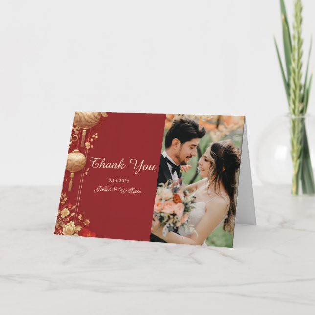 Photo Asian Modern Chinese Bilingual Wedding Thank You Card (Front)