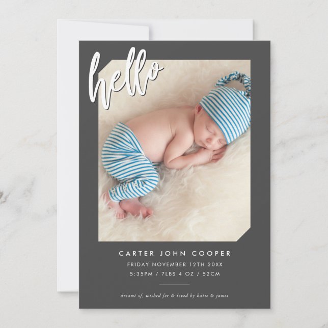 PHOTO BABY ANNOUNCEMENT modern hello script grey (Front)