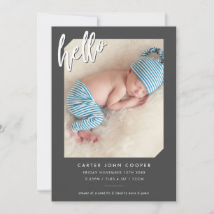 PHOTO BABY ANNOUNCEMENT modern hello script grey
